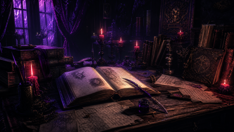 Dark fantasy writing workspace with ancient manuscripts and candlelight — Londyn Publishing indie author behind the scenes