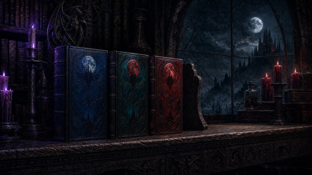 Three dark fantasy hardcovers on a stone archive shelf in violet and crimson candlelight