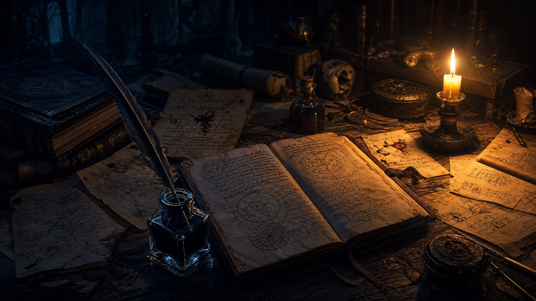 Editing in the Dark The Revision Process Behind The Moons Curse Trilogy Londyn Publishing Dark atmospheric writers desk with manuscript pages candlelight and arcane sigils Representing the revision process behind The Moons Curse Trilogy