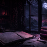 Candlelit gothic writing desk with open manuscript pages and a dark fantasy trilogy stack violet and crimson atmospheric light