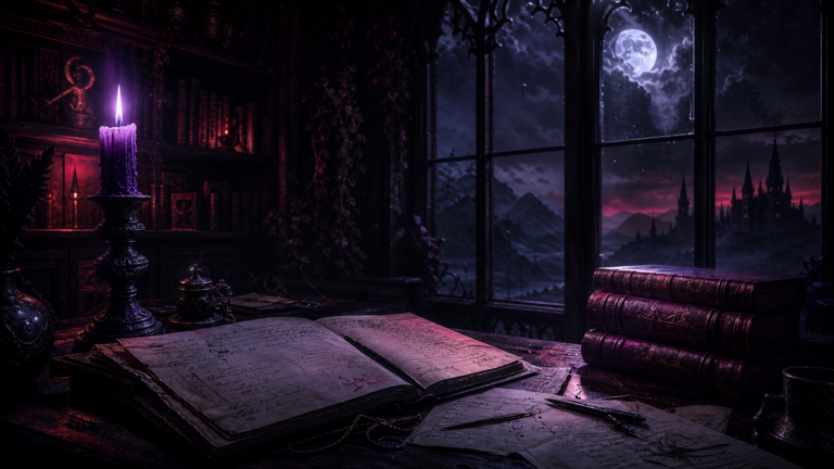 Candlelit gothic writing desk with open manuscript pages and a dark fantasy trilogy stack, violet and crimson atmospheric light