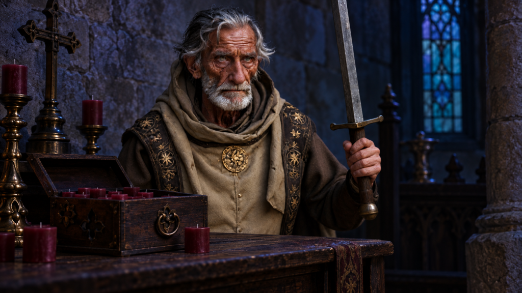 Brother Tomas Delsur at a chapel table with an open box of unused crimson votives and unlit brass candlesticks