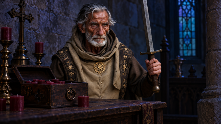 Brother Tomas Delsur at a chapel table with an open box of unused crimson votives and unlit brass candlesticks