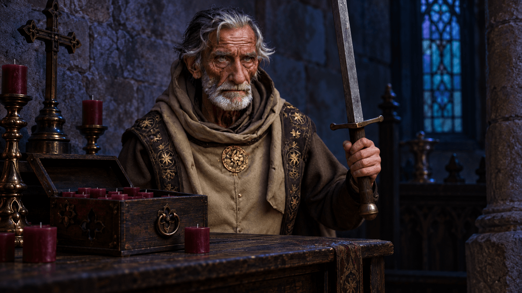 Brother Tomas Delsur and the Unused Votives in the Box Londyn Publishing Brother Tomas Delsur at a chapel table with an open box of unused crimson votives and unlit brass candlesticks