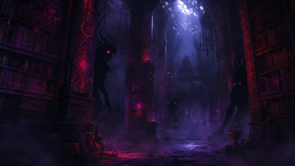 A vast ancient archive filled with glowing crimson and violet sigils with shadow creatures lurking in the darkness Creature lore and monster mythology in dark fantasy