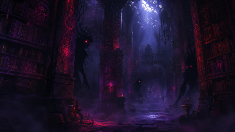 A vast ancient archive filled with glowing crimson and violet sigils with shadow creatures lurking in the darkness. Creature lore and monster mythology in dark fantasy