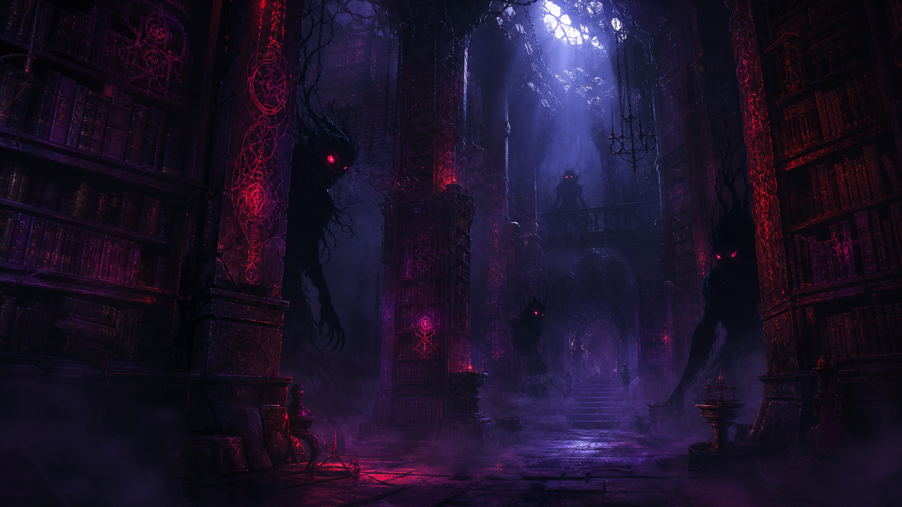 A vast ancient archive filled with glowing crimson and violet sigils with shadow creatures lurking in the darkness Creature lore and monster mythology in dark fantasy