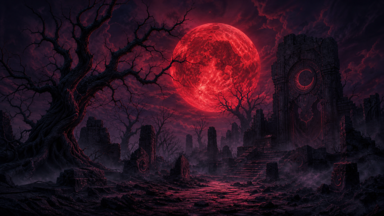 Blood-red moon over ancient dark fantasy ruins with lunar sigils and mist