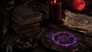 Dark atmospheric fantasy aesthetic with leather bound books crimson candle and violet sigil glow