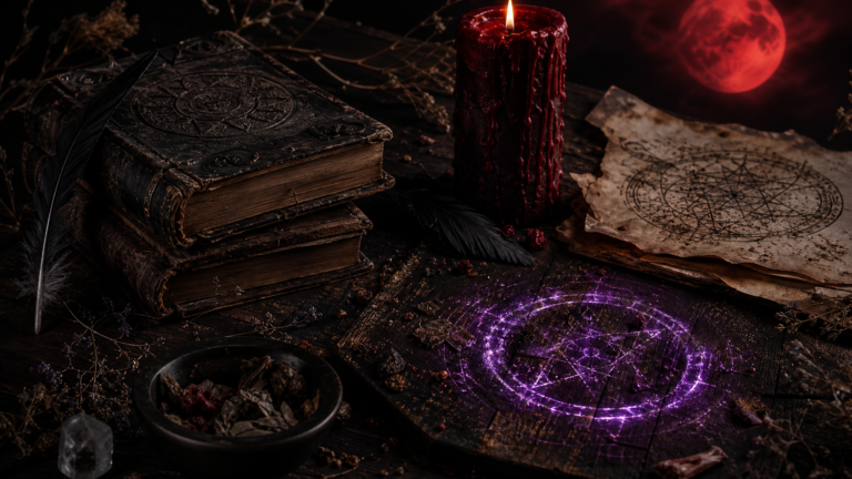 Dark atmospheric fantasy aesthetic with leather-bound books, crimson candle, and violet sigil glow
