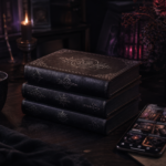 Candlelit desk with a stack of dark fantasy hardcovers and a phone open to a blurred book feed moody violet and crimson light