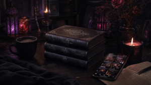 Candlelit desk with a stack of dark fantasy hardcovers and a phone open to a blurred book feed moody violet and crimson light