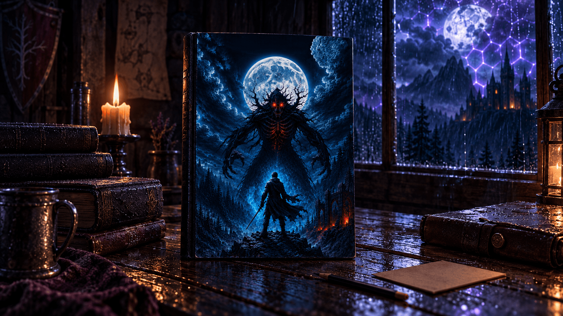 PlotFirst Dark Fantasy BookTok vs the Mixed Romantasy Shelf Londyn Publishing Rain wet inn table at night with a stack of dark bound books a low candle a closed catalog card and teal violet fracture light in the window
