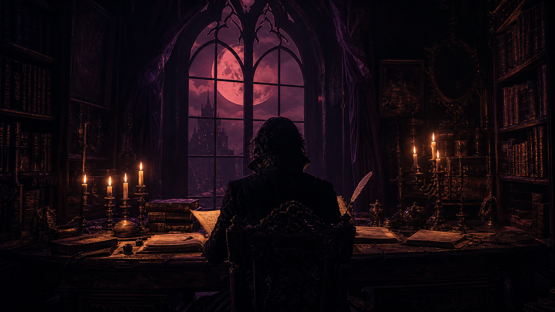Dark atmospheric writing study with candlelight manuscripts and a blood moon visible through an arched window  evoking the craft of dark fantasy storytelling