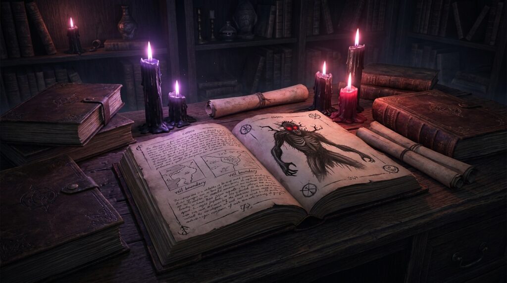 Candlelit private lore codex on a dark oak desk with veil maps and sigils atmospheric dark fantasy archive