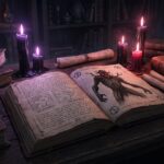 Candlelit private lore codex on a dark oak desk with veil maps and sigils, atmospheric dark fantasy archive