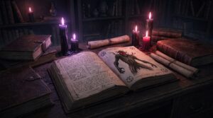 Candlelit private lore codex on a dark oak desk with veil maps and sigils atmospheric dark fantasy archive
