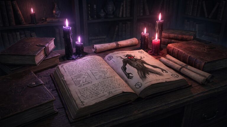 Candlelit private lore codex on a dark oak desk with veil maps and sigils, atmospheric dark fantasy archive