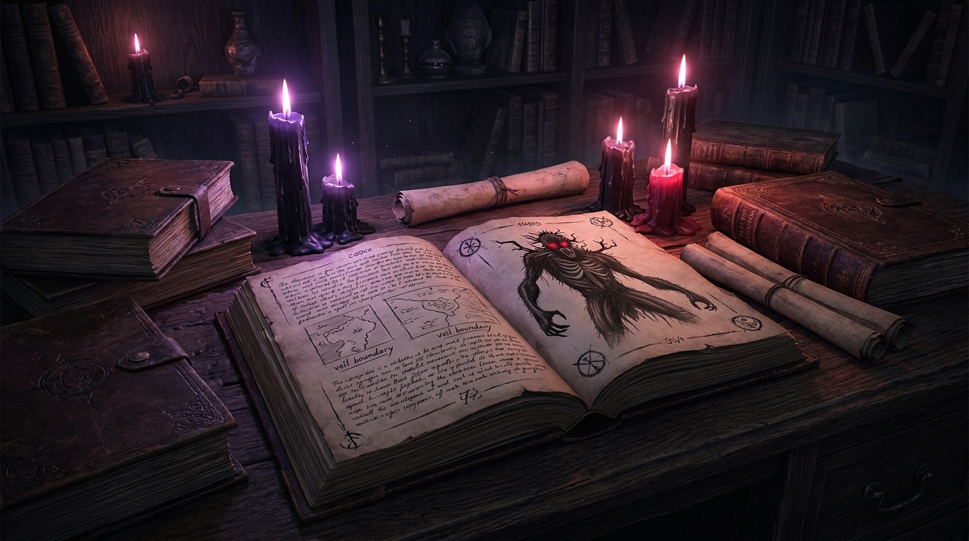 The Private Lore Bible What Stays Off the Page in Indie Dark Fantasy Londyn Publishing Candlelit private lore codex on a dark oak desk with veil maps and sigils atmospheric dark fantasy archive