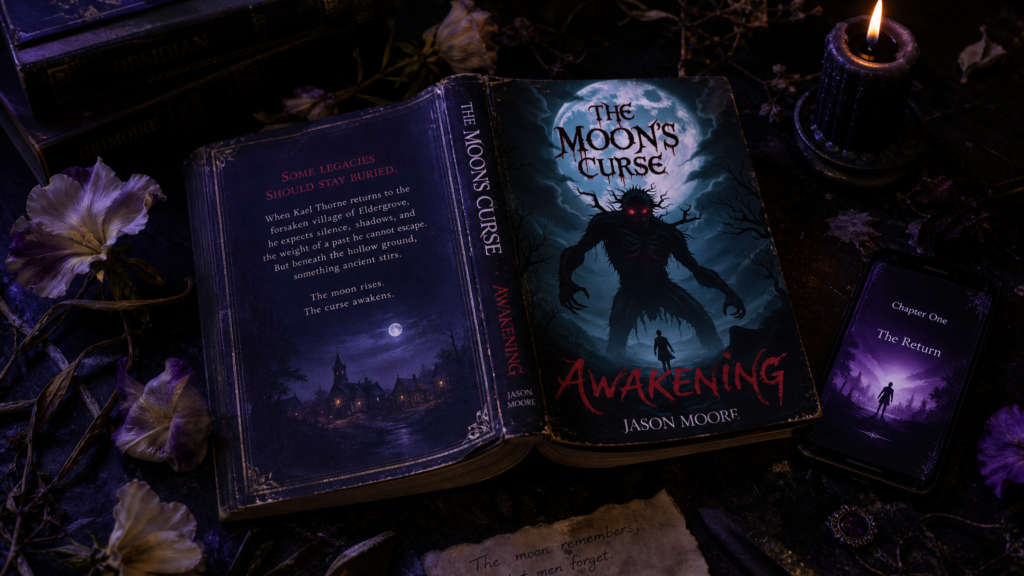 Dark atmospheric BookTok aesthetic with open fantasy novel black candle violet light and dried moonflowers on a stone surface