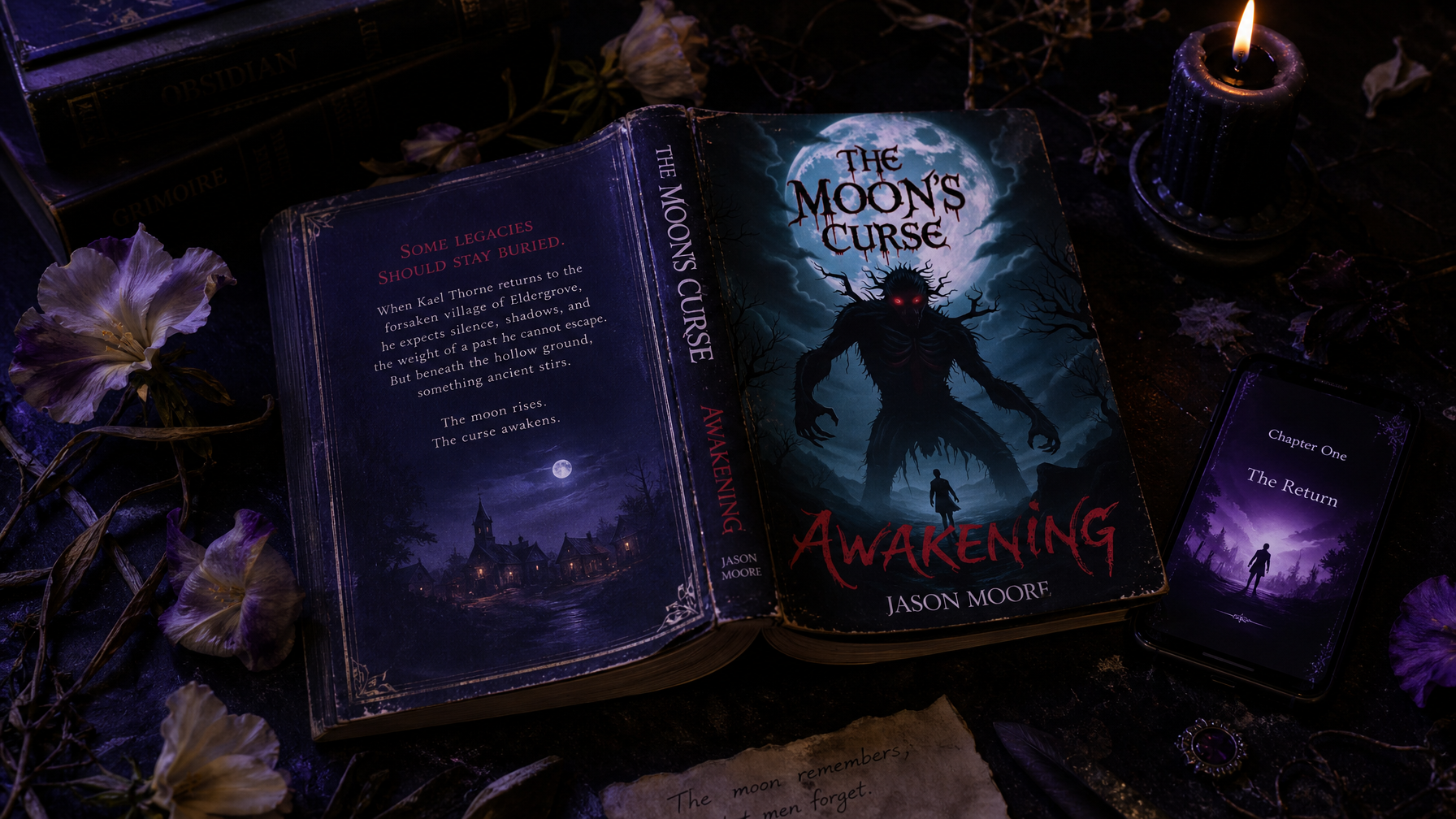 Dark atmospheric BookTok aesthetic with open fantasy novel black candle violet light and dried moonflowers on a stone surface