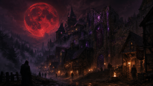 A human settlement huddled against ancient stone walls under a blood red moon torchlight flickering in the fog at the edge of the Veil