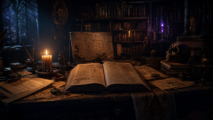 Dark atmospheric writers desk with manuscripts sigil pages and candlelight  Londyn Publishing behind the scenes
