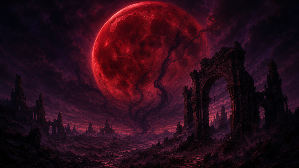 A crimson Blood Moon rising over a fractured dark fantasy landscape  the central mythology of The Moons Curse Trilogy