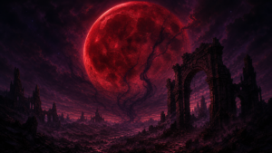 A crimson Blood Moon rising over a fractured dark fantasy landscape  the central mythology of The Moons Curse Trilogy