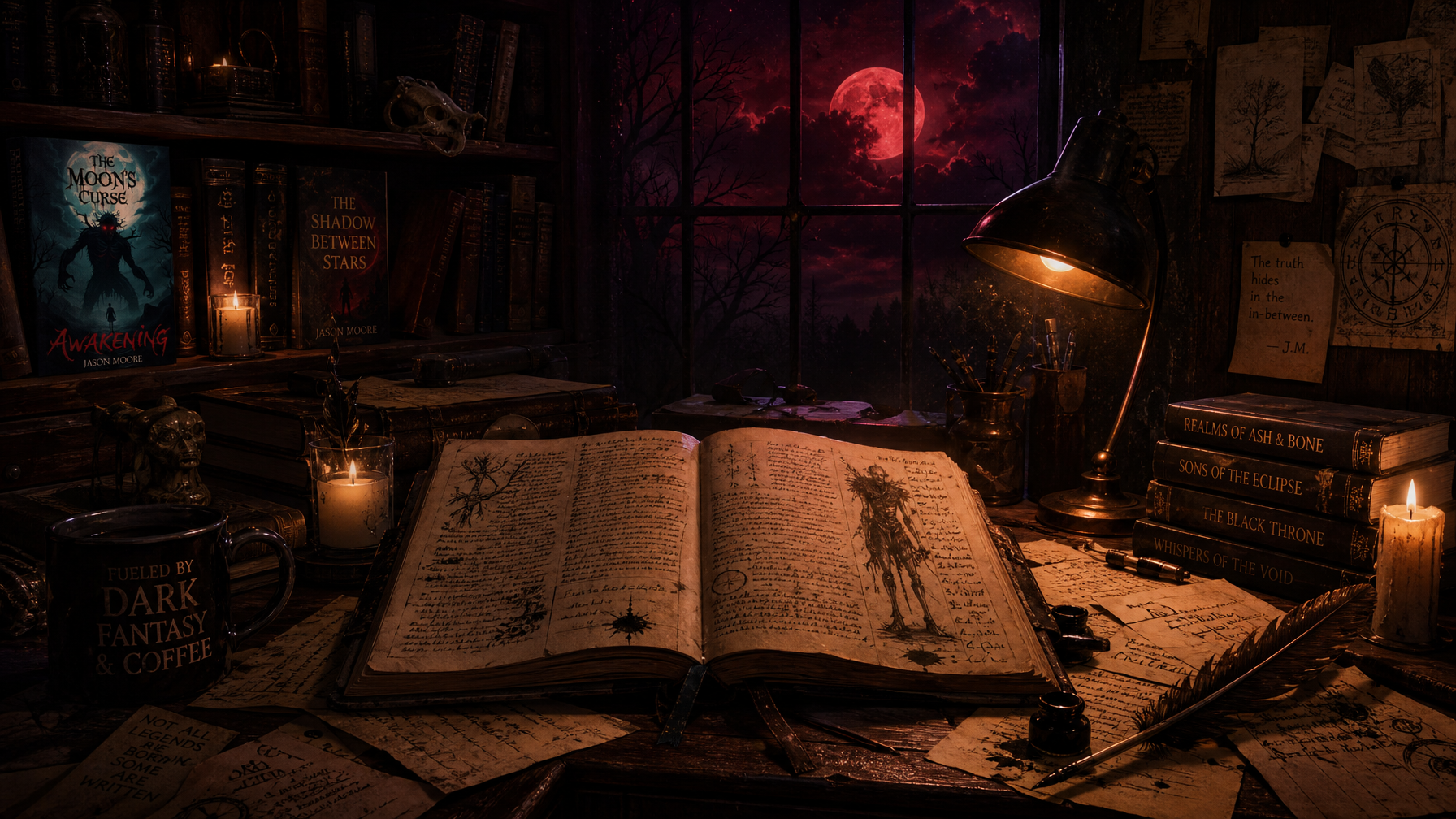 Why I Chose to Publish The Moons Curse Trilogy Independently And What That Decision Cost Me Londyn Publishing A dark writers study at night with manuscripts candlelight and a blood red moon the private world of an indie fantasy author