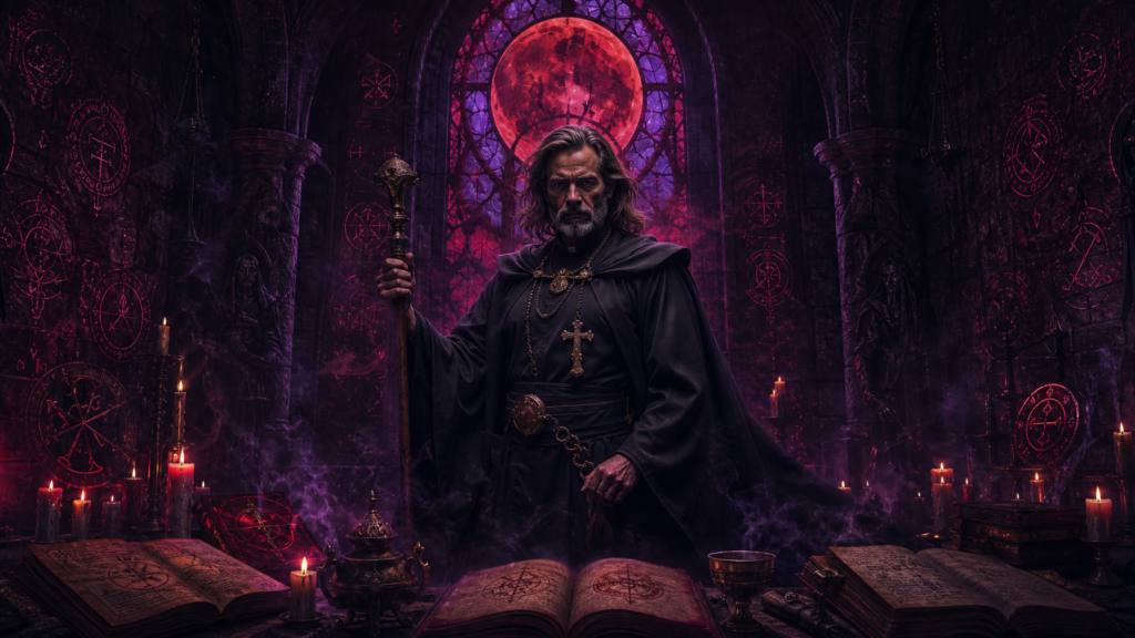 Dark cathedral interior with glowing sigils and blood moon stained glass  Father Kalen Draemir from The Moons Curse Trilogy