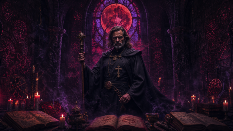 Dark cathedral interior with glowing sigils and blood moon stained glass — Father Kalen Draemir from The Moon's Curse Trilogy