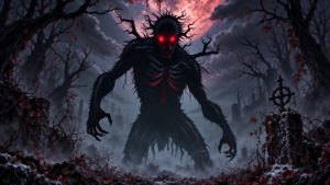 The Nythrall creature from Beyond the Veil lurking in the dark woods under the Blood Moon