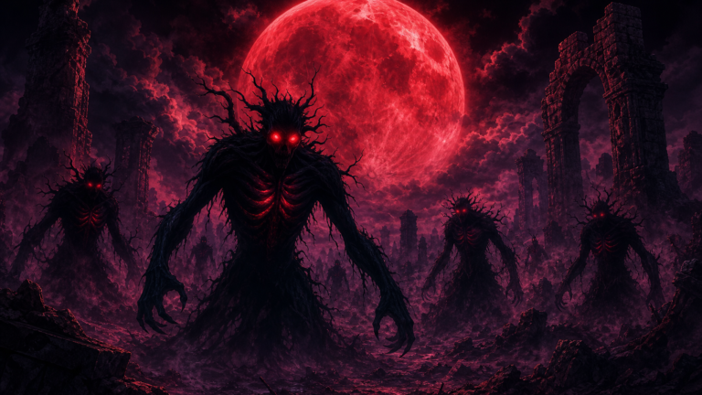 Nythrall shadow creatures rising beneath a crimson Blood Moon over ruined landscape