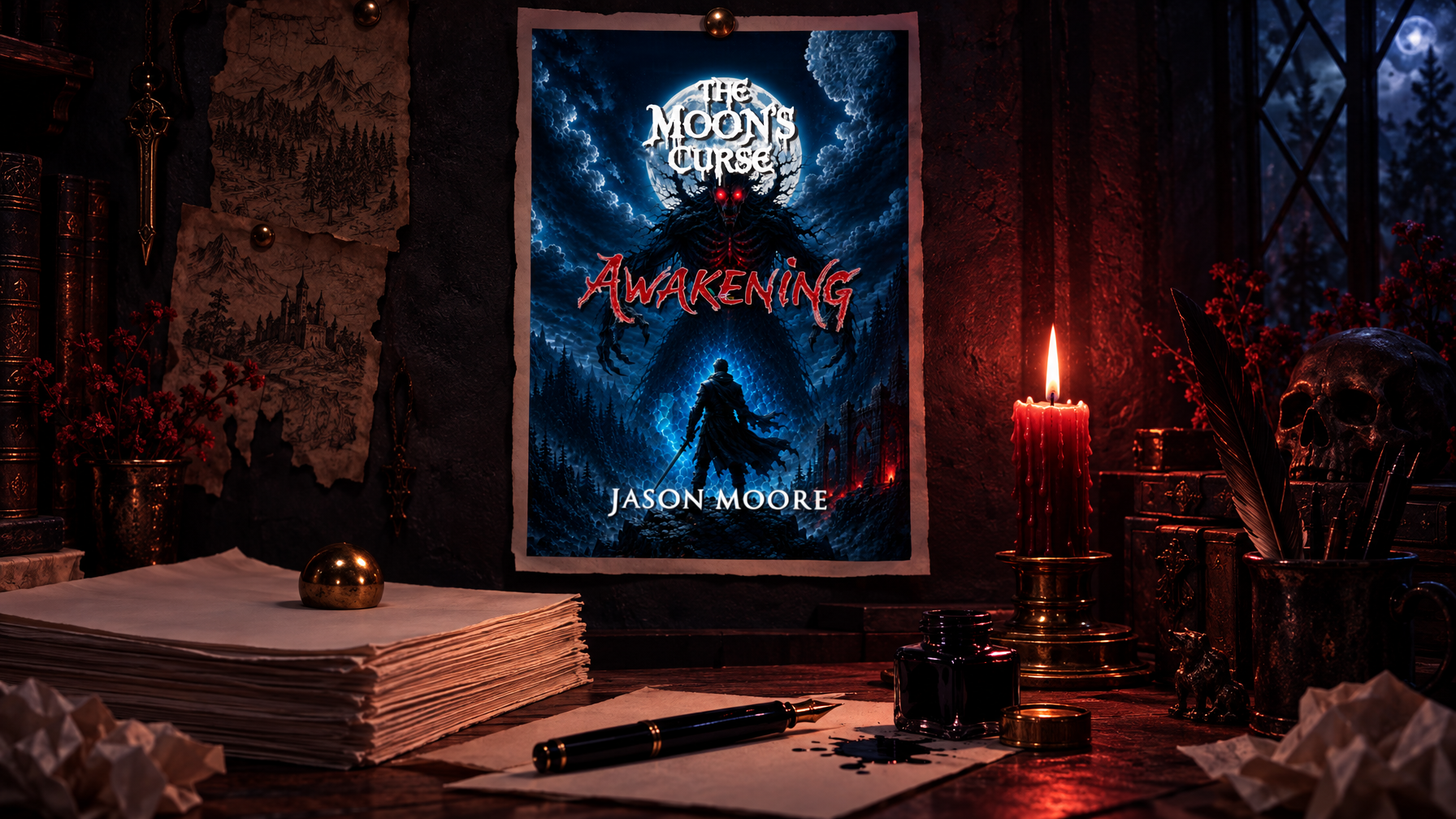 The Last Page First Why I Wrote Blood Moon Before I Opened Awakening Londyn Publishing Candlelit desk with a last page sheet pinned above unmarked manuscript pages
