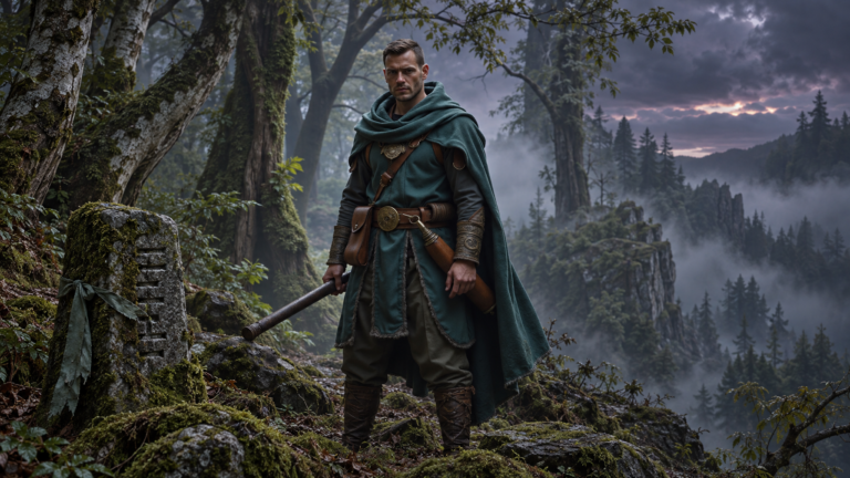 Ranger Auren Draevan in a forest green cloak standing on a misty ridgeline along the Veil boundary