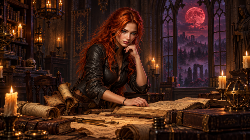 Scholar Lira Thornfield examining ancient parchment covenants in a candlelit stone scriptorium under a crimson moon