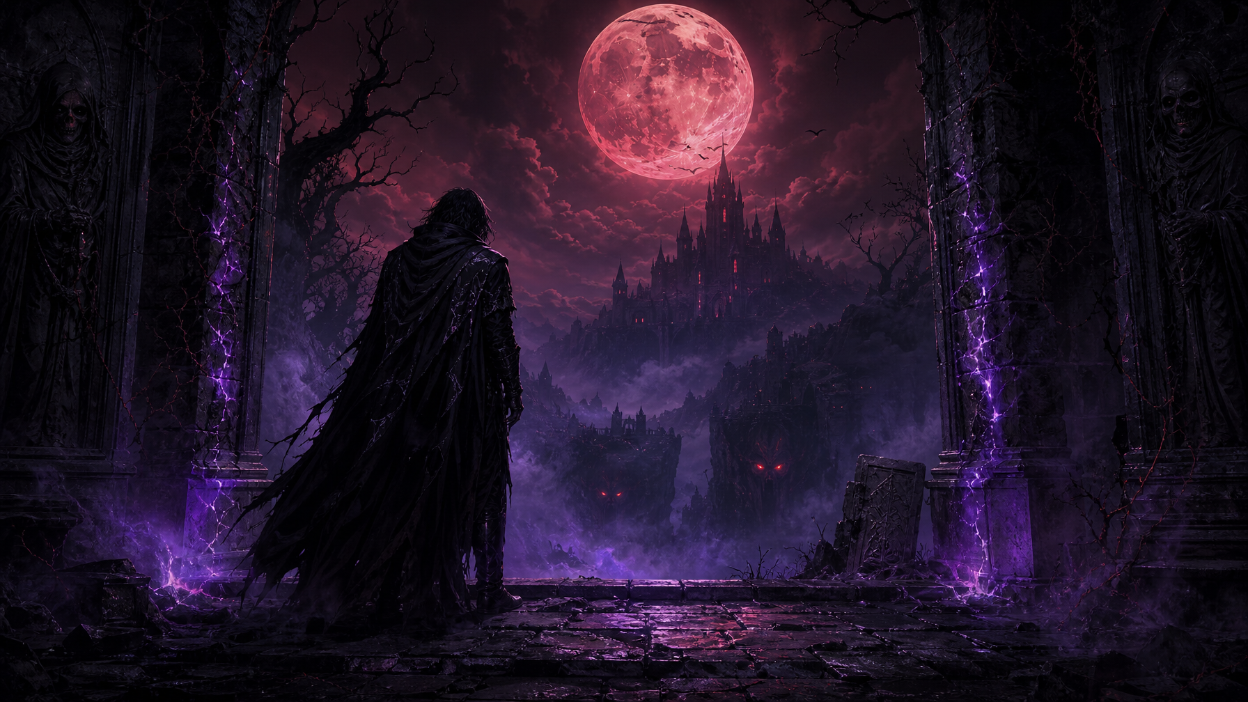 Where Horror Meets Fantasy The Best Dark Fantasy Books for Readers Who Love Both Genres Londyn Publishing A shadowy figure at crumbling stone ruins beneath a blood red moon dark fantasy horror atmosphere