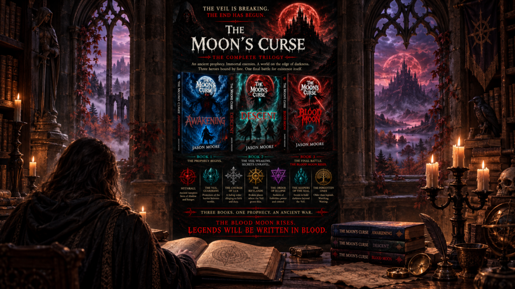 Open grimoire and stack of fantasy hardcover books on an oak table in a gothic stone library overlooking misty moors