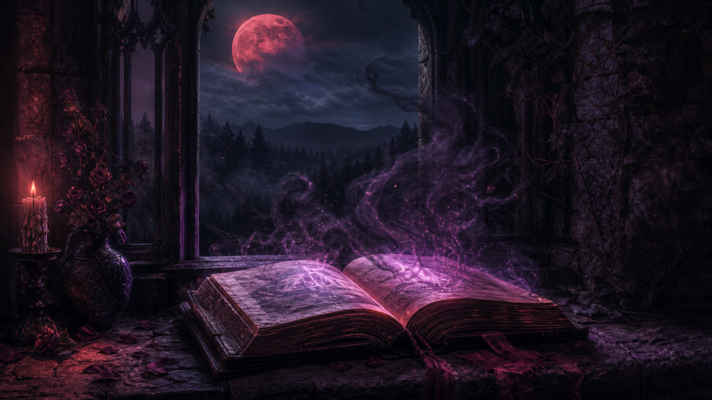 Open dark fantasy book on a stone windowsill glowing with violet and crimson light beneath a blood moon