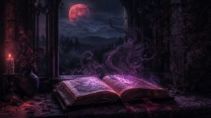 Open dark fantasy book on a stone windowsill glowing with violet and crimson light beneath a blood moon