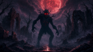 Moon bound Nythrall shadow creature under a blood moon in ruined stone