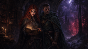 Lira Thornfield and Auren Draevan at the threshold between archive and wilderness in The Moons Curse Trilogy