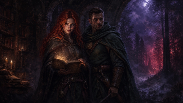 Lira Thornfield and Auren Draevan at the threshold between archive and wilderness in The Moon's Curse Trilogy