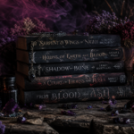 Dark fantasy books stacked by candlelight with violet and crimson smoke  dark fantasy BookTok aesthetic