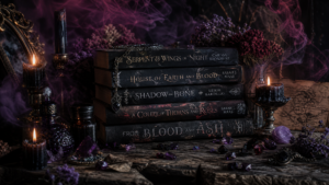 Dark fantasy books stacked by candlelight with violet and crimson smoke  dark fantasy BookTok aesthetic