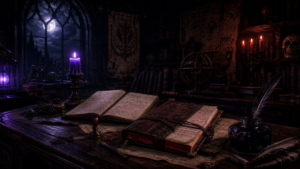 Atmospheric night desk with manuscript pages ledger and candlelight in violet and crimson tones for a dark fantasy craft essay