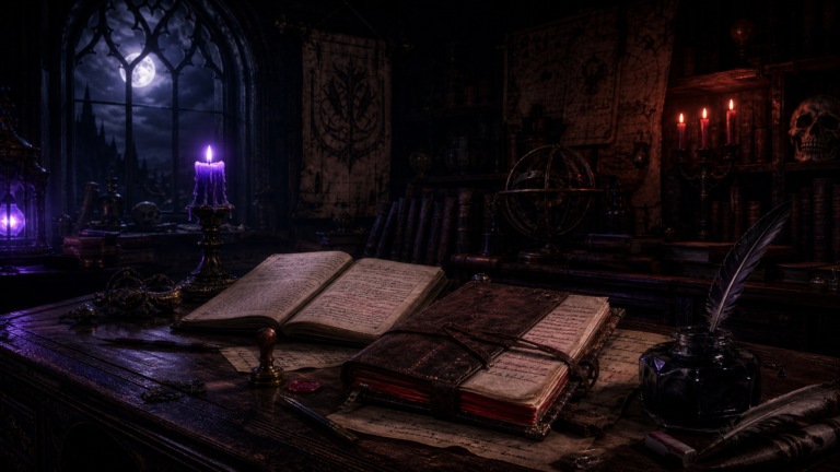 Atmospheric night desk with manuscript pages, ledger, and candlelight in violet and crimson tones for a dark fantasy craft essay