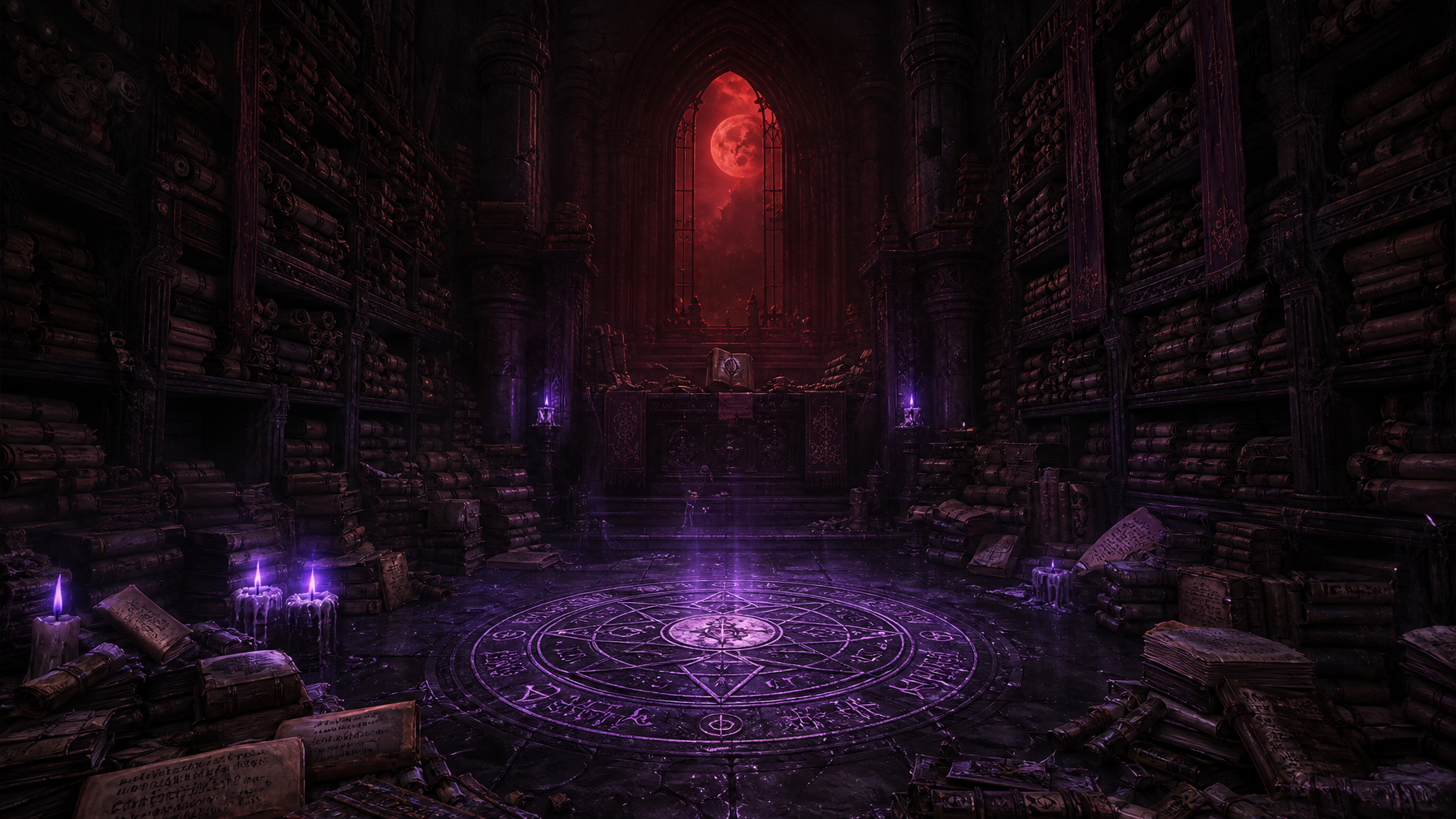 Ancient Covenants and Cosmic Dread The Best Dark Fantasy Books Built on Binding Magic Londyn Publishing Ancient stone archive chamber with violet sigil glowing on the floor and blood red moonlight filtering through a gothic window Dark fantasy atmospheric art