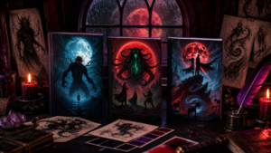 Dark fantasy book design studio with three Moons Curse trilogy novels candlelight and a blood moon visible through an arched window